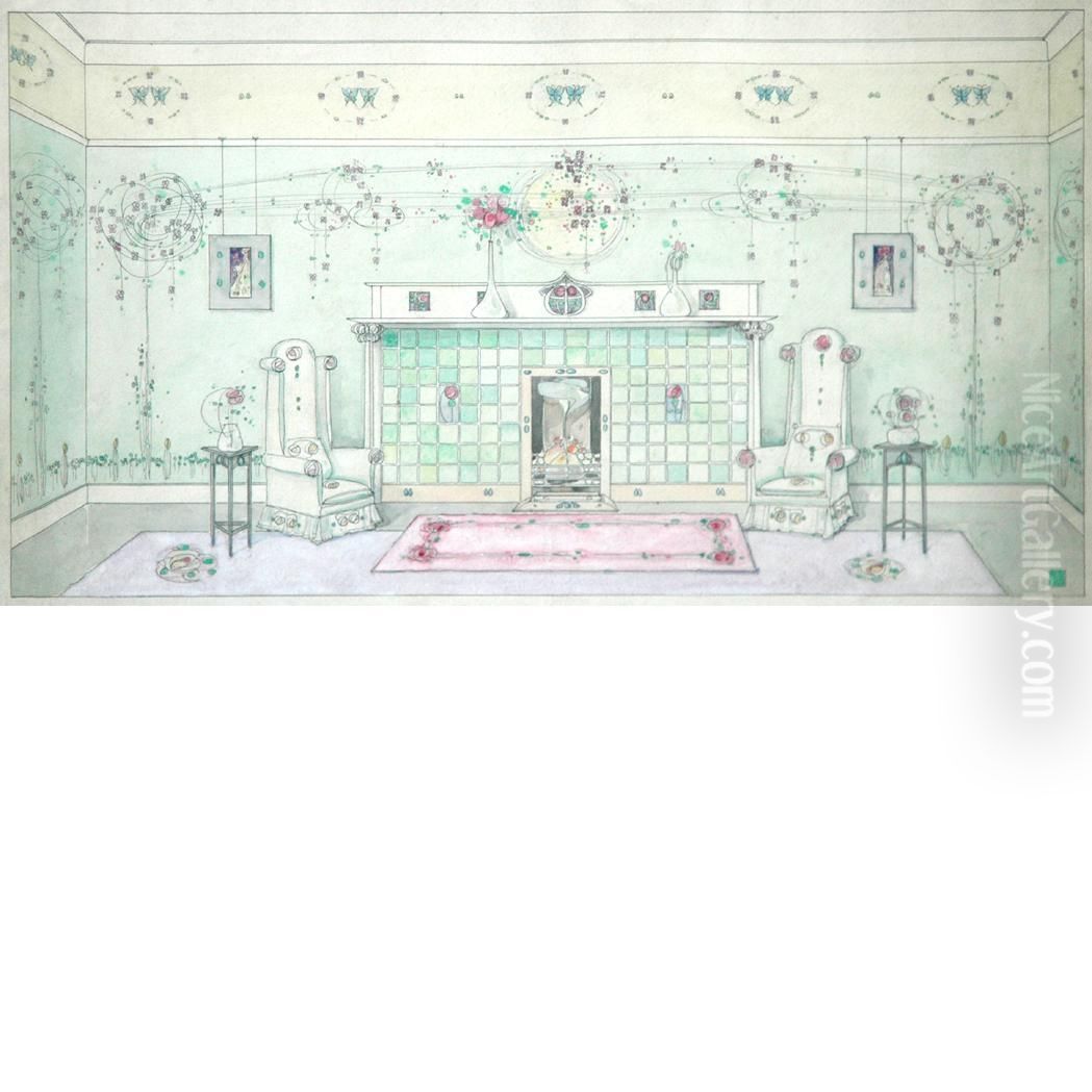 Art Nouveau Interior Oil Painting by Jessie Marion King