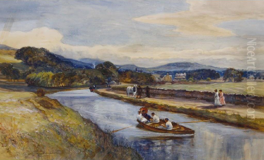 Figures Enjoying A Rowing Boat Ride Along The River Oil Painting by James Scott Kinnear