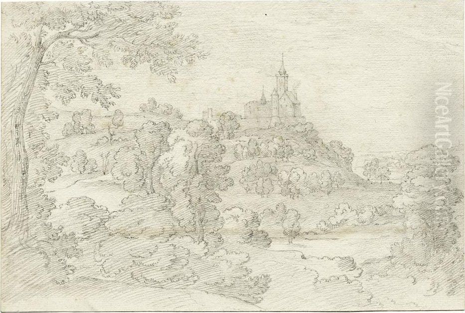 Waldig Hugellandschaft Mit Einer Burg Oil Painting by Johann Jakob Kirchner