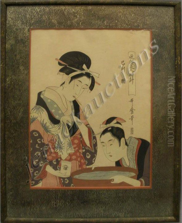 Vintage Japanese Oil Painting by Kitagawa Utamaro