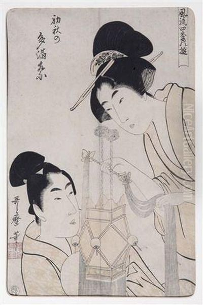 Kitigawa - Two Geishaswith Lantern Oil Painting by Kitagawa Utamaro