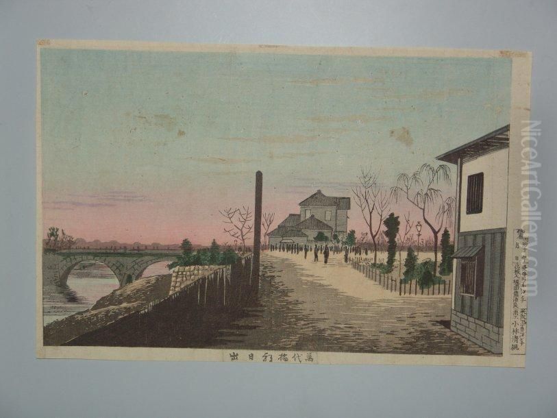 Le Pont Mandai A Asa Hinode Oil Painting by Kobayashi Kiyochika