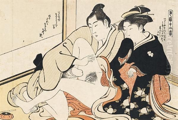 A Couple Making Love InFront Of A Fusuma Oil Painting by Torii Kiyonaga