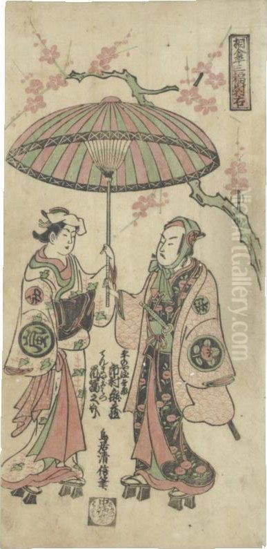 Ichimura Kamezo I As Hiranoya Tokubei And Arashi Tominosuke I As Tenmaya Ohatsu Oil Painting by Torii Kiyonobu