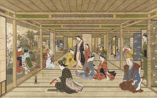 Perspective View Of Amusements In An Interior Oil Painting by Torii Kiyonobu