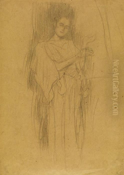 Weibliche Gestalt In Langem Gewand, Ein Saiteninstrument Spielend Oil Painting by Gustav Klimt