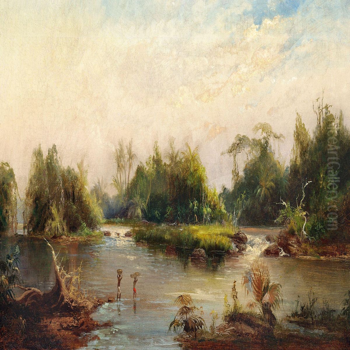 African Landscape With Two Men Crossing A River Oil Painting by Fritz Klingelhofer