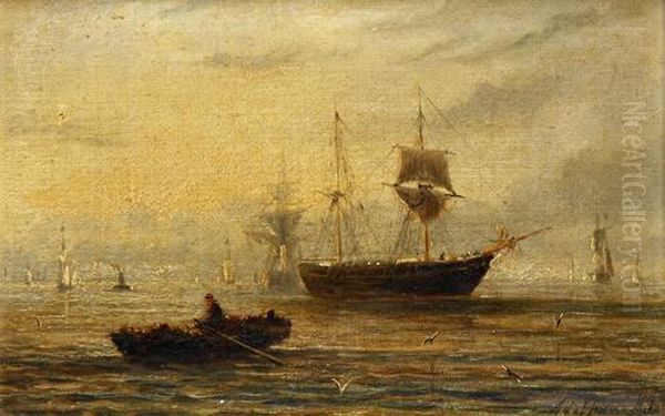 A Rowing Boat In A Busy Harbour Oil Painting by William Adolphu Knell