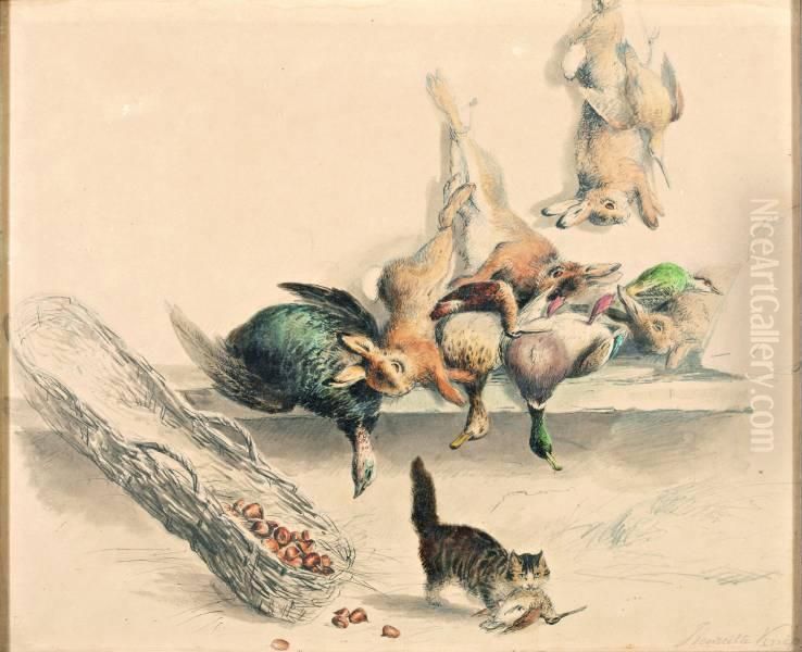 Wildstilleven En Kat Met Snip Oil Painting by Henriette Gertruide Knip