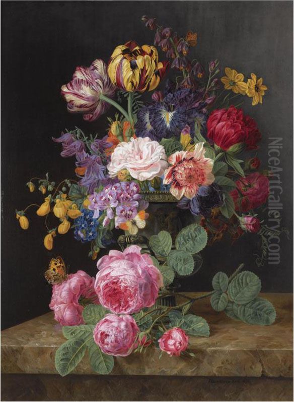 A Still Life With Roses, Tulips And Other Flowers Oil Painting by Henriette Gertruide Knip