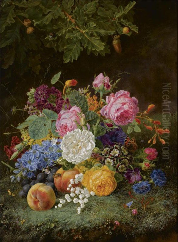A Still Life With Flowers And Fruit On A Forest Ground Oil Painting by Henriette Gertruide Knip