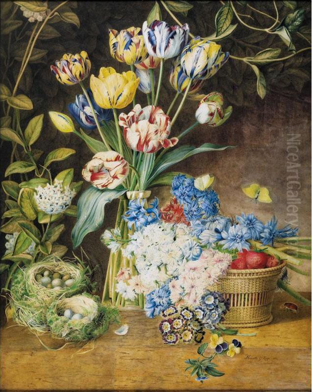 Still Life With A Vase Of Tulips, Bunches Of Hyacinths, Primula And Pansies, A Basket Of Strawberries, And Two Birds' Nests Oil Painting by Henriette Gertruide Knip