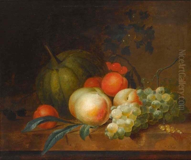 Nicolaas Frederik Knip 
 

 
 A Still Life With Two Peaches, Grapes, Plums And A Mellon, All On A Wooden Ledge Oil Painting by Nicolaes Frederik I Knip