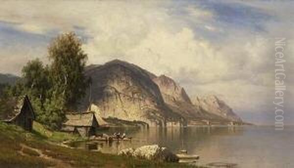 Fjordlandschaft Mit Fischerhutten. Oil Painting by Hugo Knorr