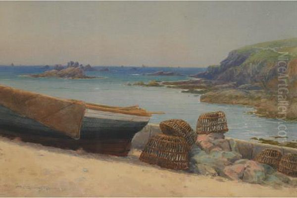 Docked Boat With Baskets Oil Painting by Farquhar Mcgillivr. Knowles