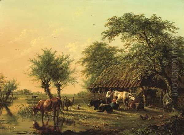 An Extensive Landscape With Cattle Near A Barn Oil Painting by Jan Kobell