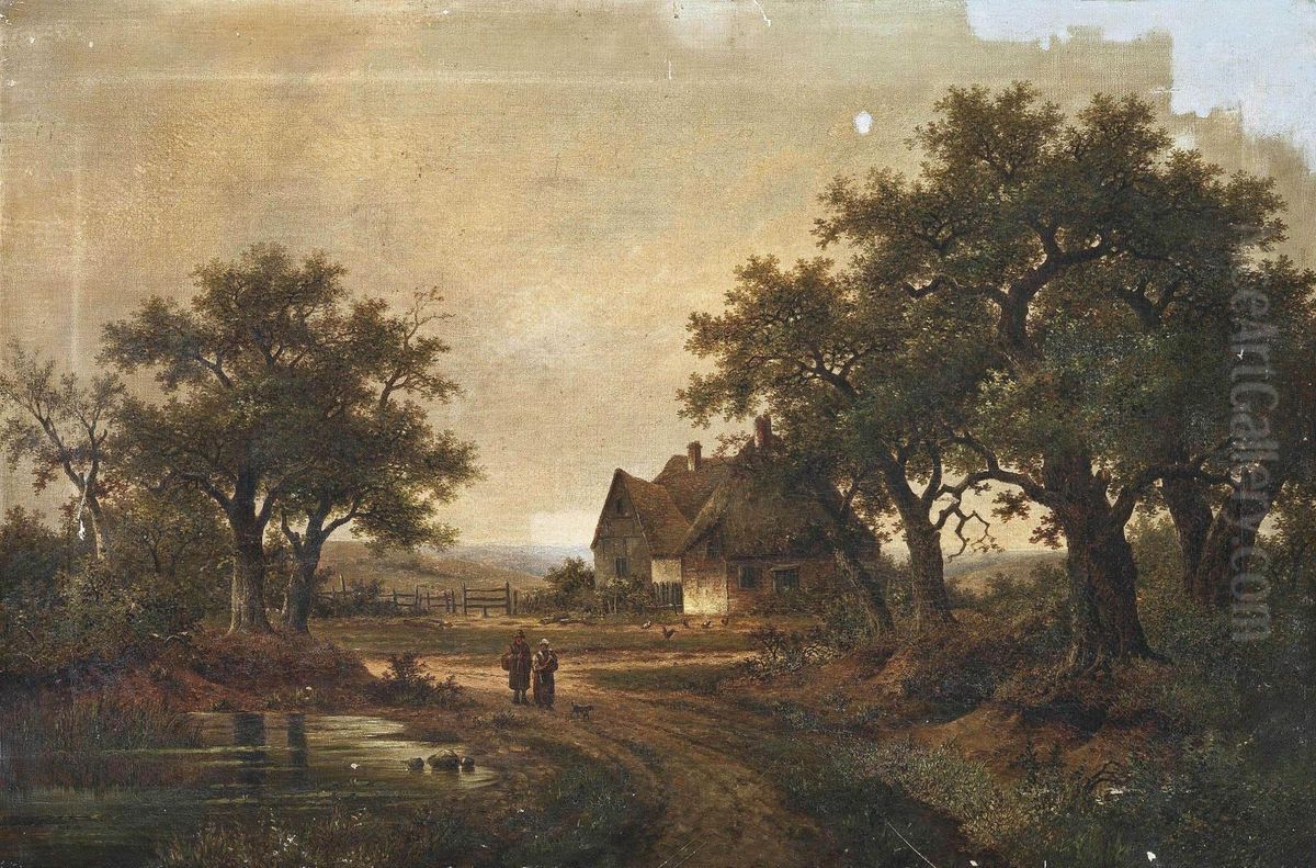 Peasants Walking Along A Country Lane Oil Painting by Hendrik Pieter Koekkoek