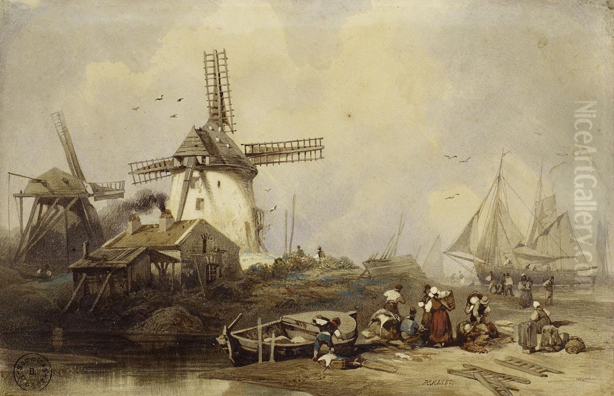 Windmills, Sailboats And Fishermen On The Beach Oil Painting by Johannes Hermanus Koekkoek Snr