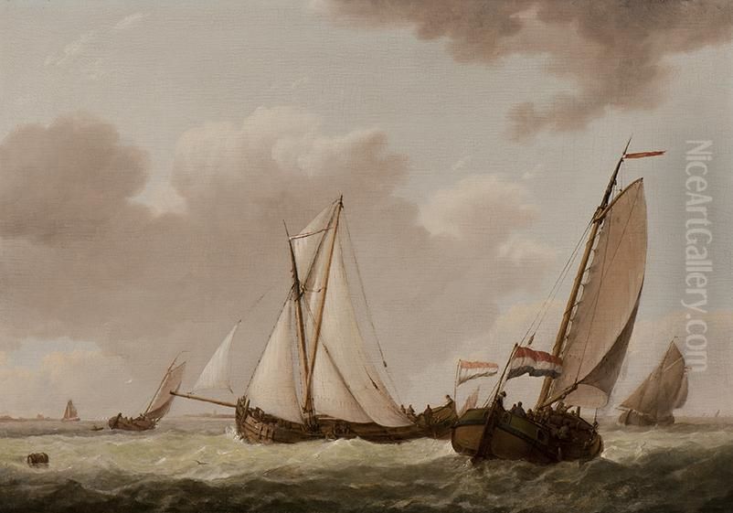 Ships On The Dutch Coast Oil Painting by Johannes Hermanus Koekkoek Snr