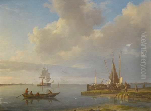 Unloading Barges On The Banks Of The Scheldt,with A Trading Brig Anchored In The River And The Spires And Towersof Antwerp Beyond Oil Painting by Johannes Hermanus Koekkoek Snr