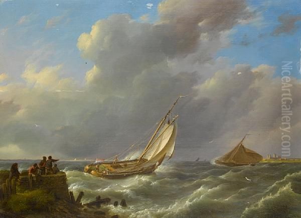Dutch Barges At The Mouth Of The Estuary Athigh Tide On A Blustery Day Oil Painting by Johannes Hermanus Koekkoek Snr