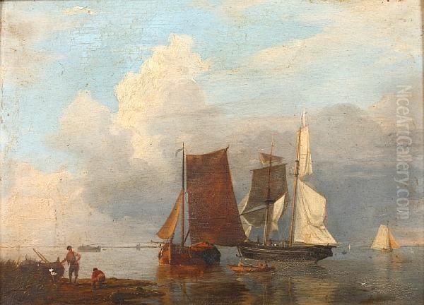 Dutch Beach Scene With Fishing Boats Andfishermen To The Foreground Oil Painting by Johannes Hermanus Koekkoek Snr