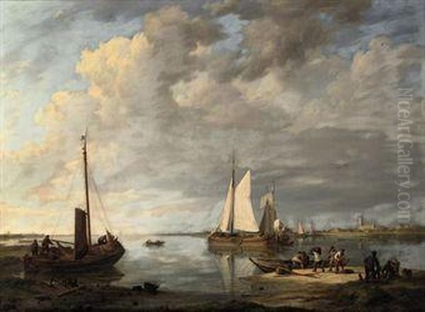Shipping On A Calm Estuary Oil Painting by Johannes Hermanus Koekkoek Snr