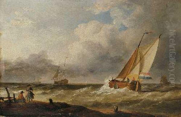 Segelschiffe An Derkuste Oil Painting by Johannes Hermanus Koekkoek Snr