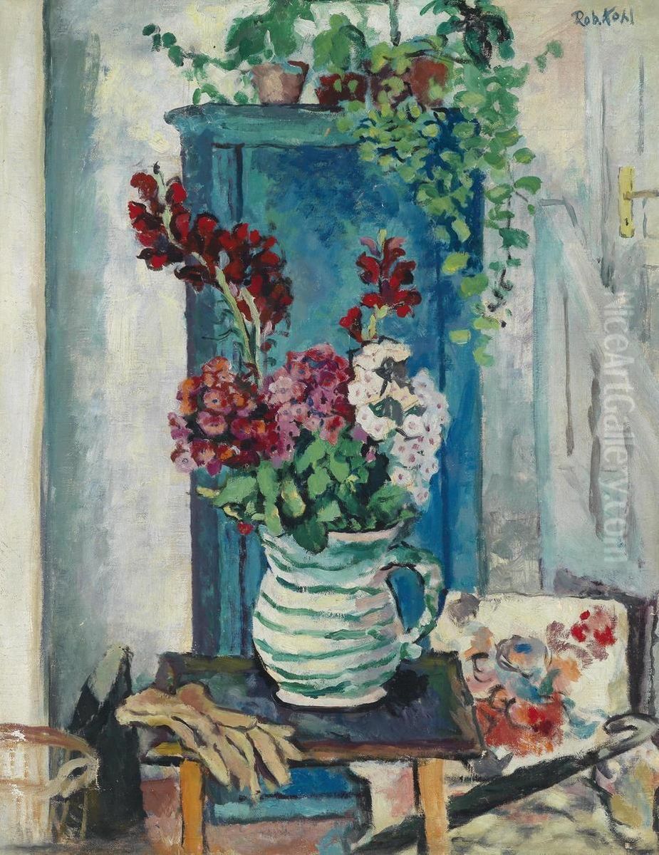 Jug Withflowers Standing Before A Blue Cupboard Oil Painting by Robert Kohl