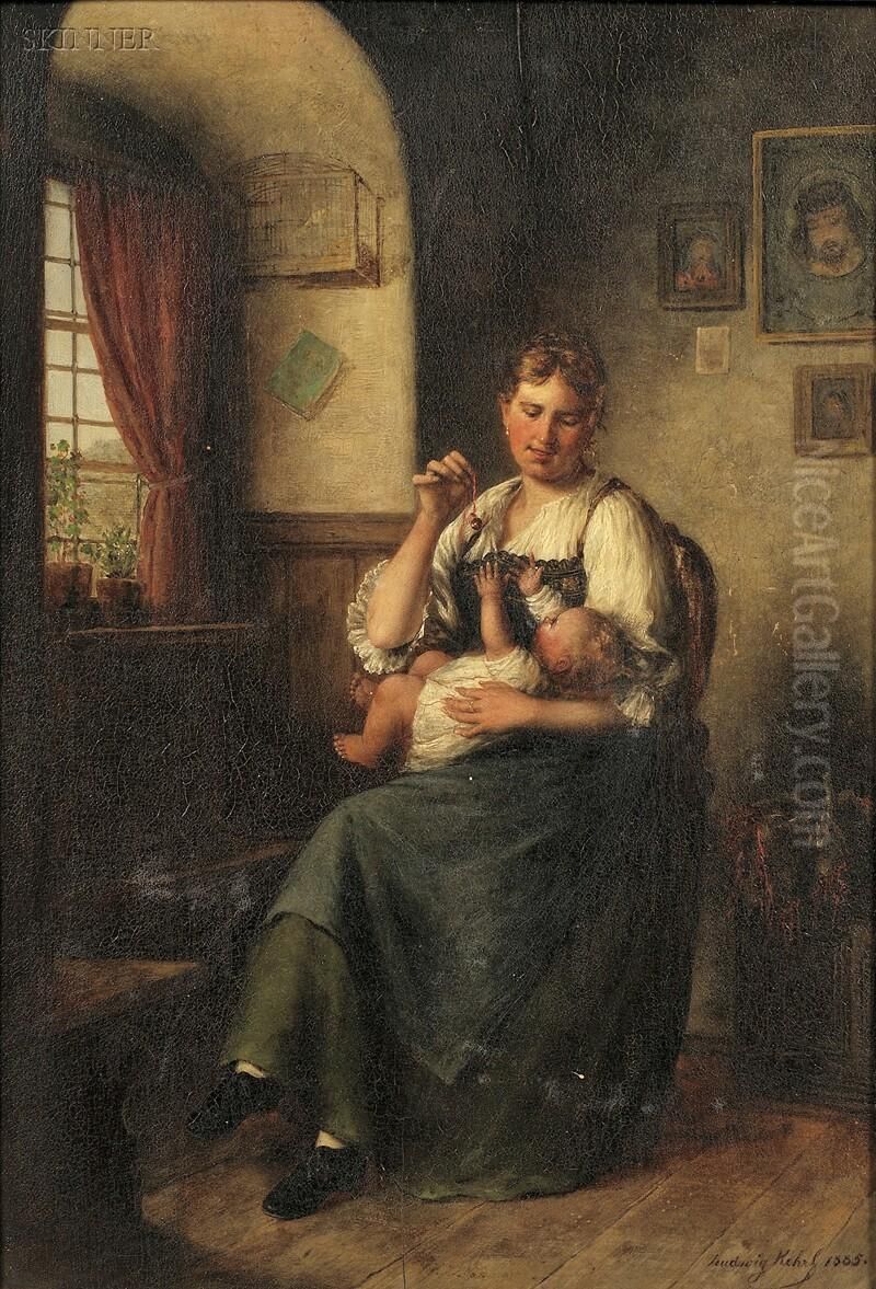 Entertaining The Baby Oil Painting by Ludwig Kohrl