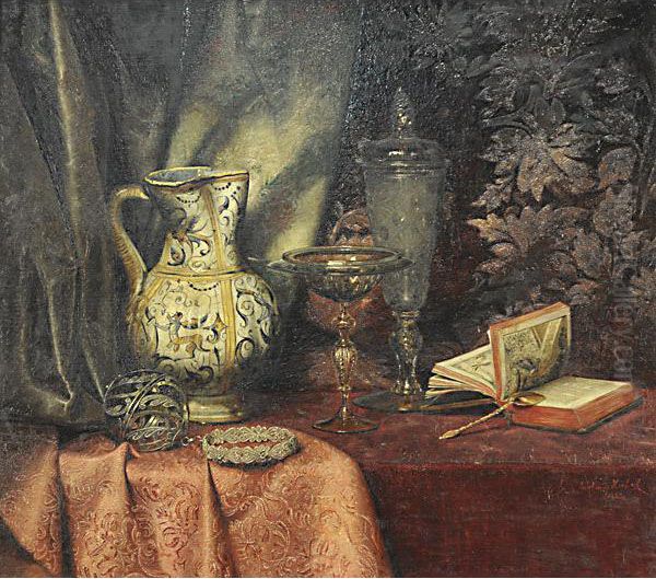 Libro, Brocca E Calici Di Vetro Oil Painting by Ludwig Kohrl