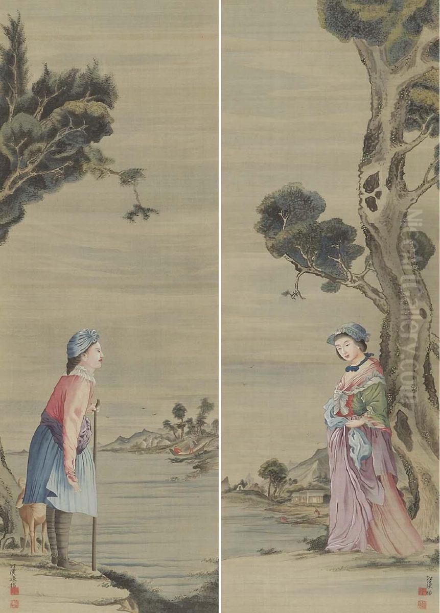 Western Ladies By A Lake Oil Painting by Shiba Kokan