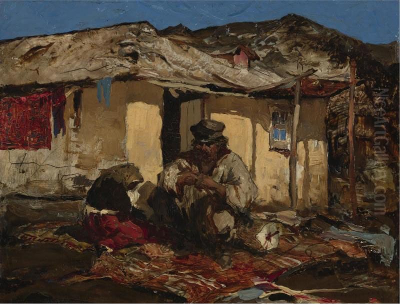 South Russian Carpet Maker Oil Painting by Sergej Michaijlovic Kolesnikov