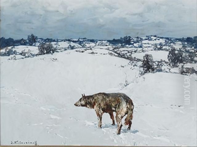 Lone Wolf In The Snow Oil Painting by Sergej Michaijlovic Kolesnikov