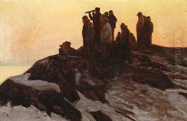 Fiskere Pa Utkikk Olje Pa Lerret Oil Painting by Fredrik Kolsto