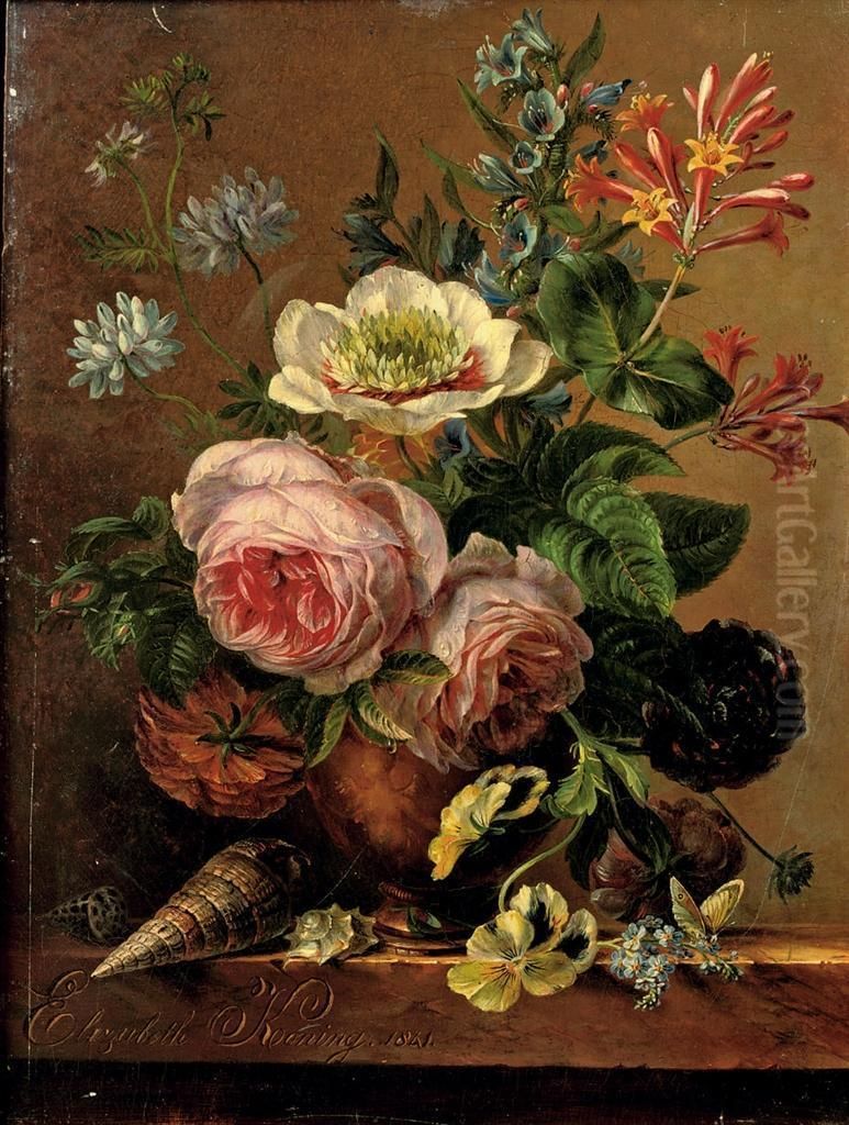 An Exuberant Flower Still Life On A Marble Ledge Oil Painting by Elisabeth Johanna Koning