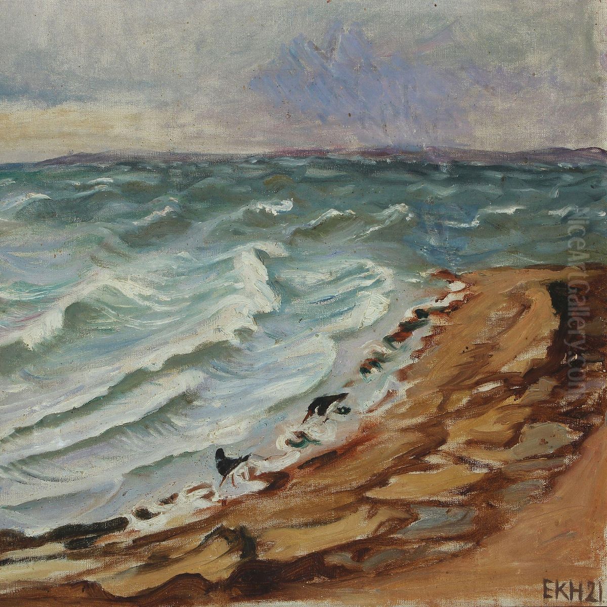Coastal Scenery With Oystercatchers In The Shallows Oil Painting by Elise Konstantin-Hansen