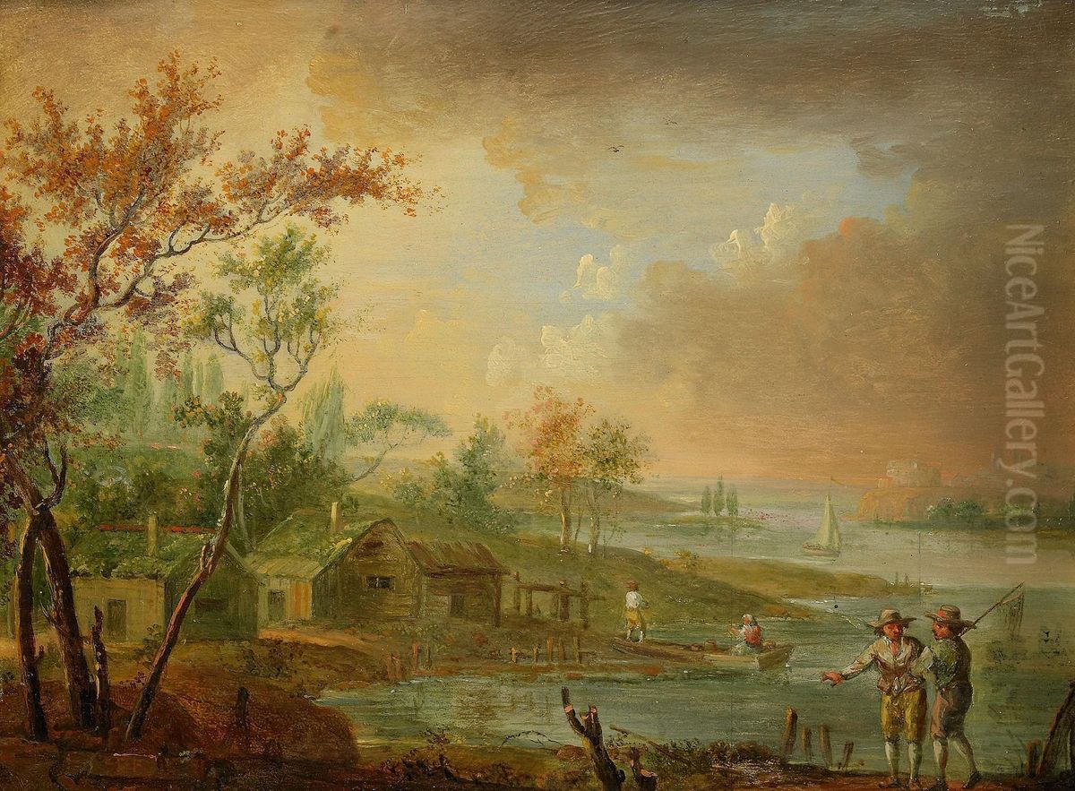 Sjolandskap Med Hus Och Figurer Oil Painting by Johan Philip Korn