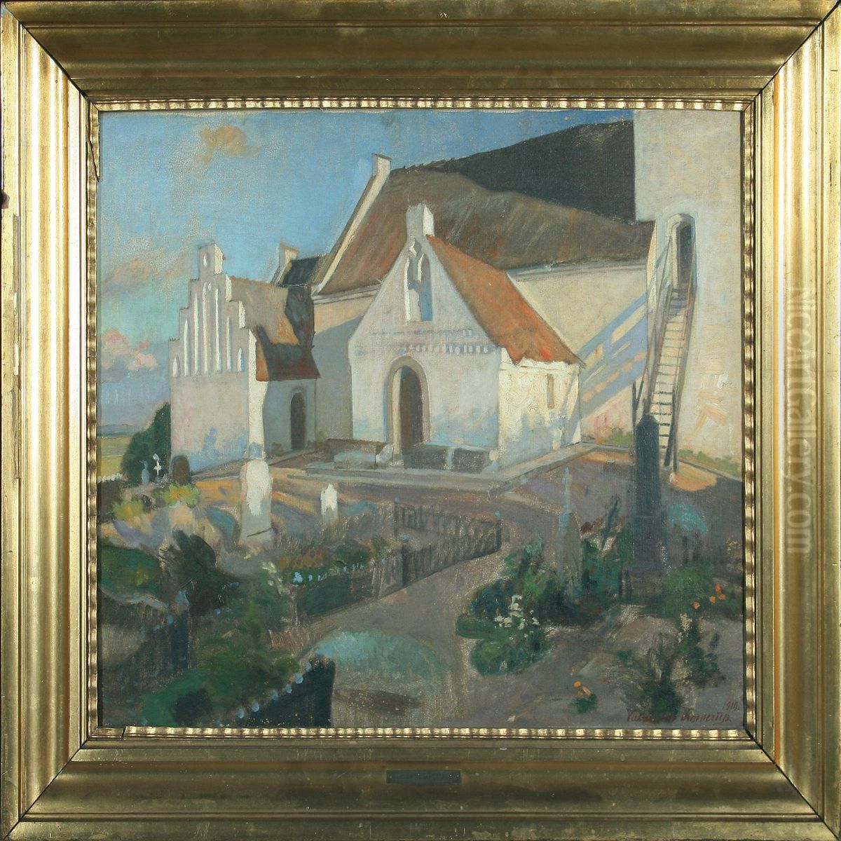Church In Sunset, Sejro Oil Painting by Valdemar Kornerup