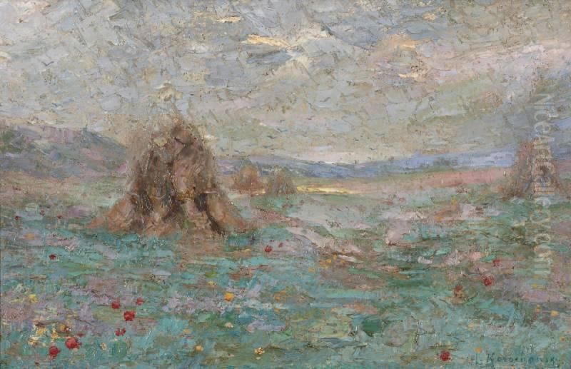 Korenschoven In Veld Met Klaprozen Oil Painting by Michel Korochansky