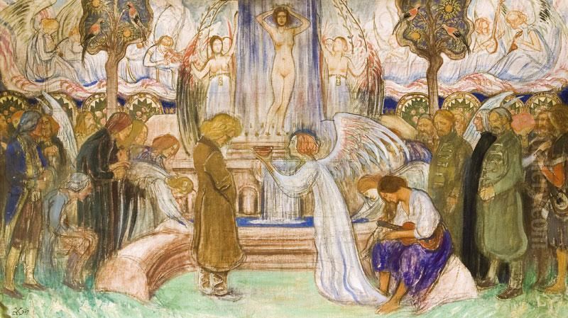 Az Elet Forrasa Oil Painting by Aladar Korosfoi Kriesch