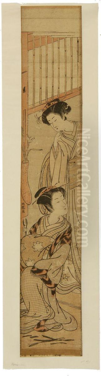 Two Ladies Producing Flower Arrangements Oil Painting by Isoda Koryusai