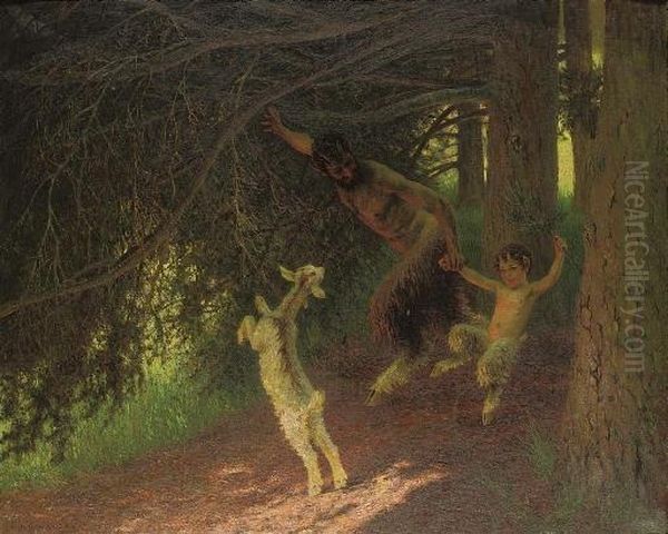 Fauns Gamboling In The Forest Oil Painting by Leopold-Franz Kowalsky