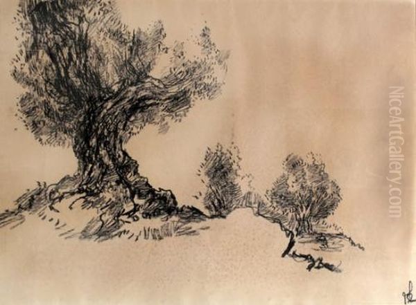 Olive Tree In A Landscape Oil Painting by Leopold Krakauer