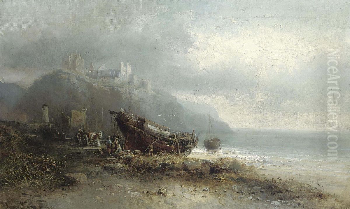 Salvaging The Wreck On The Foreshore Below Peel Castle, Isle Of Man Oil Painting by Franz Emil Krause