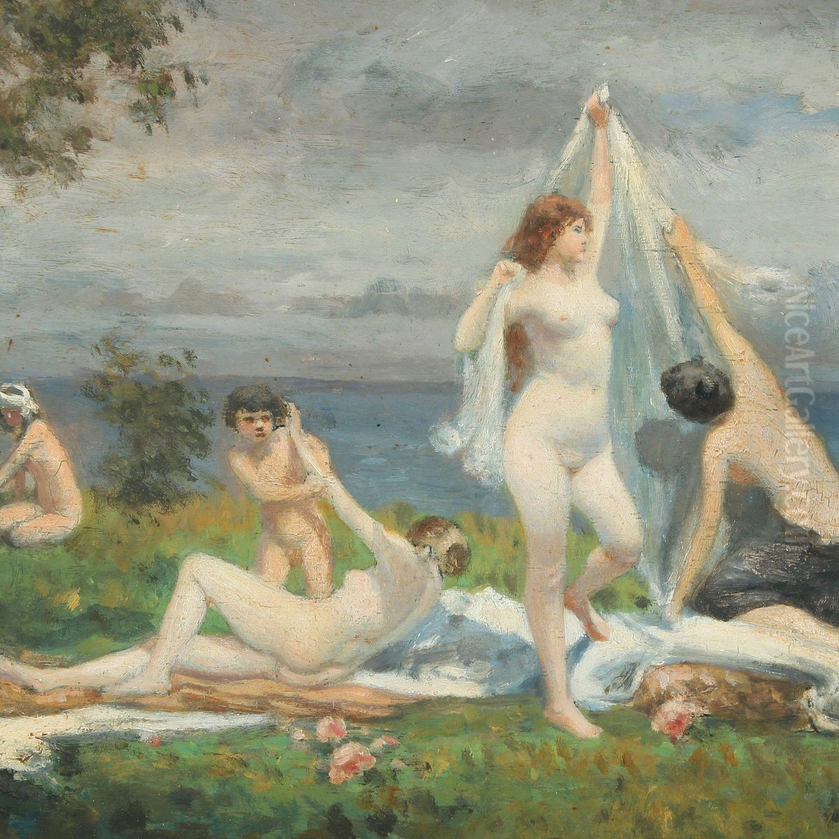Bathing Girls On A Beach Oil Painting by Edmund Kregczy