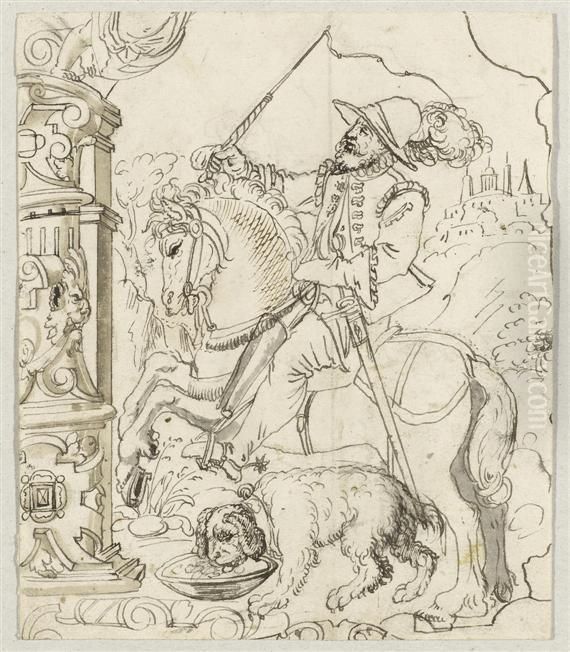 Rider With Dog. Probably Draft For A Window Oil Painting by Franz Jakob Kreuter