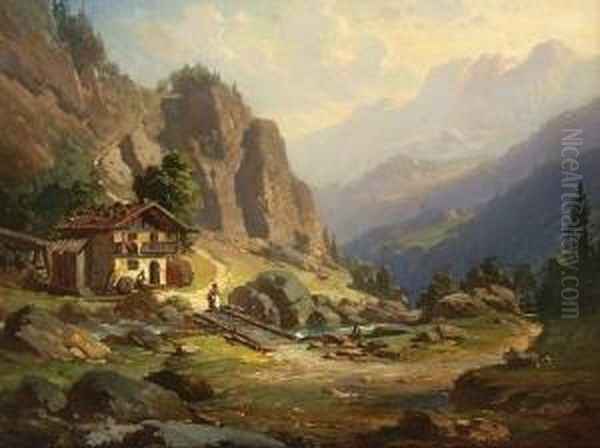 Bauernhaus Im Hochgebirge. Oil Painting by Felix Kreutzer