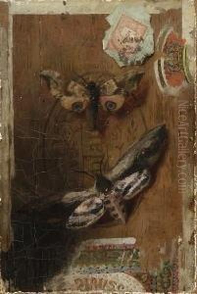 Gemalter Zigarrenkistendeckel Mit Zwei Schmetterlingen. Oil Painting by Hermann J. Gottlieb Kricheldorf