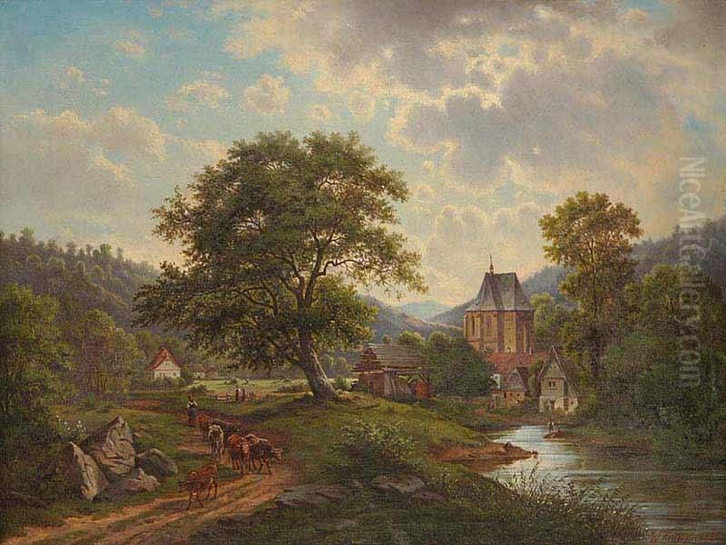 A Landscape With A Gothic Church Oil Painting by Wenzel Kroupa